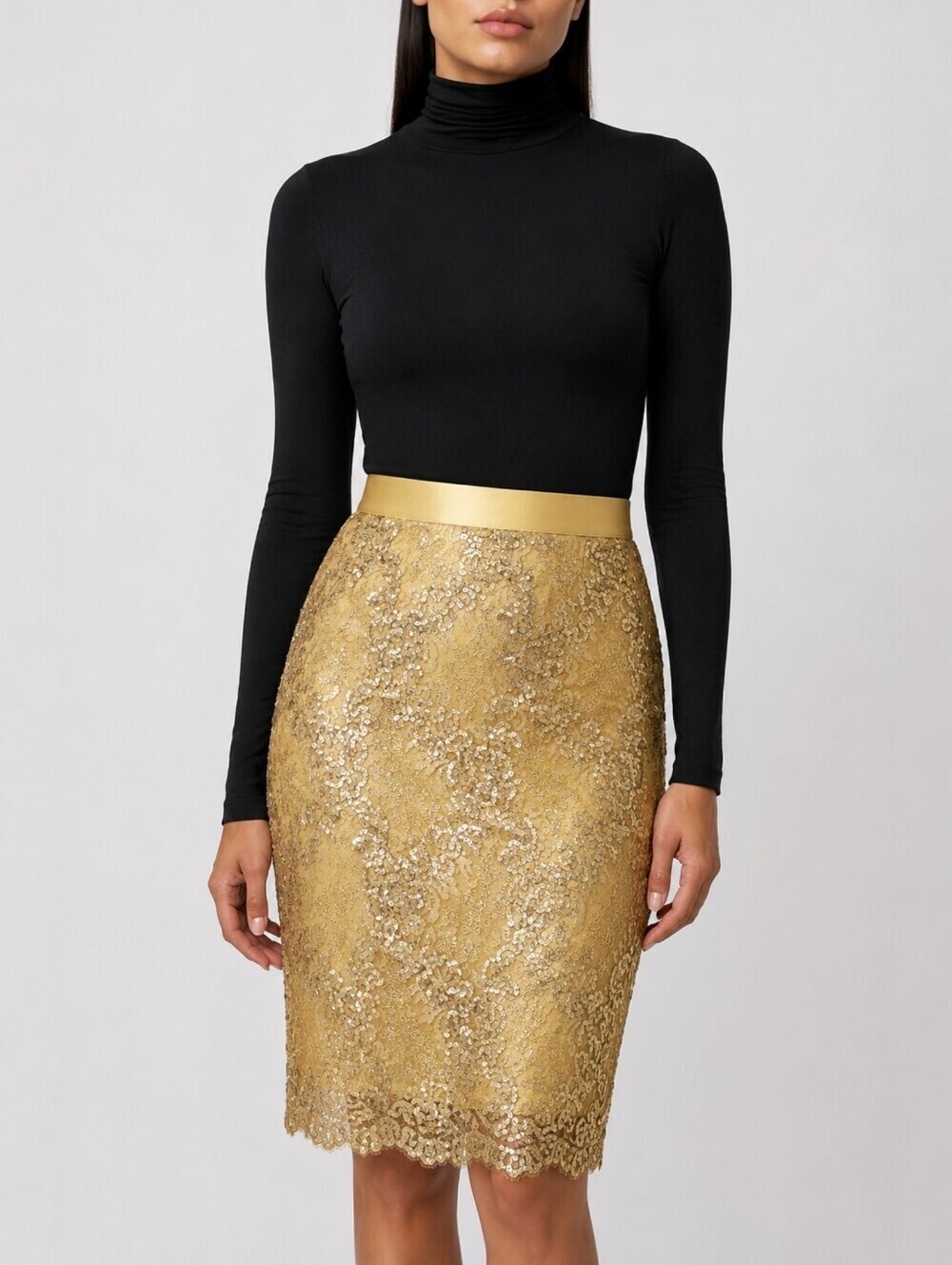 Escada Gold Sequin Lace Pencil Skirt 38 Cocktail Evening Glamour